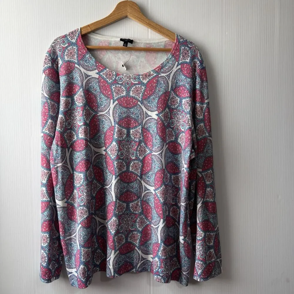 Talbots Plus 2X Women’s Mandala Print Knit Top Long Sleeve Cotton Blend